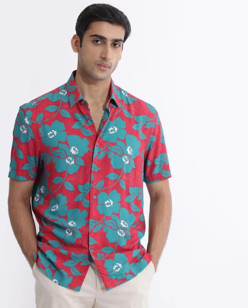 Floral Print Viscose Shirt - Dark Pink