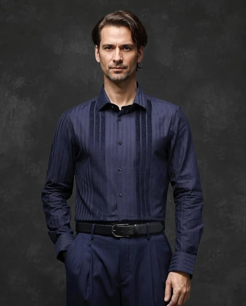 Flock Stripe Cotton Shirt- Navy