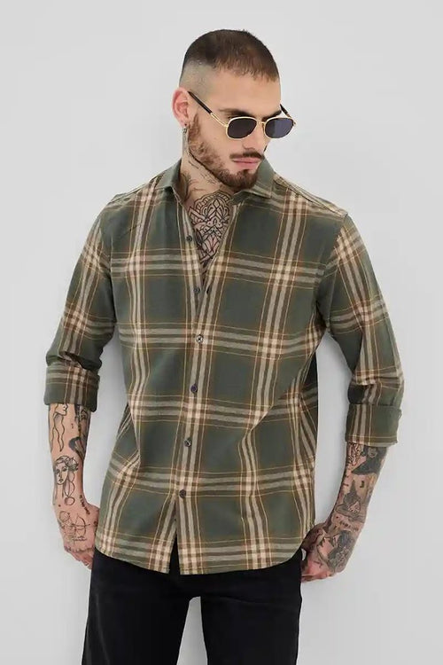 Check Cotton Shirt - Olive 