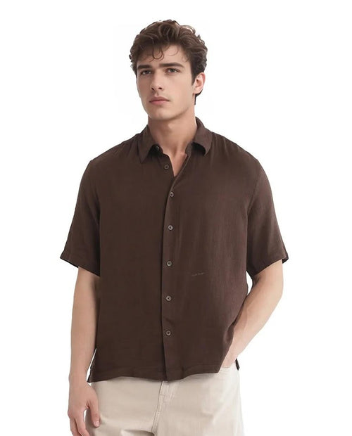Double Layer Boxy Fit Solid Cotton Shirt - Dark Brown