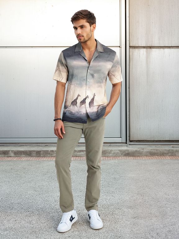 Cuban Collar, Giraffe Print Shirt - Premium Rayon, Dusky Green